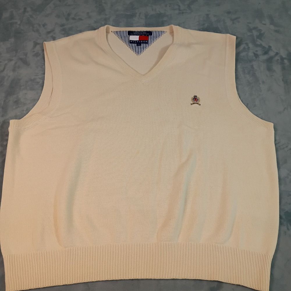 Tommy Hilfiger Mens Cream Cotton V-Neck Sleeveless Sweater Vest Large Logo
